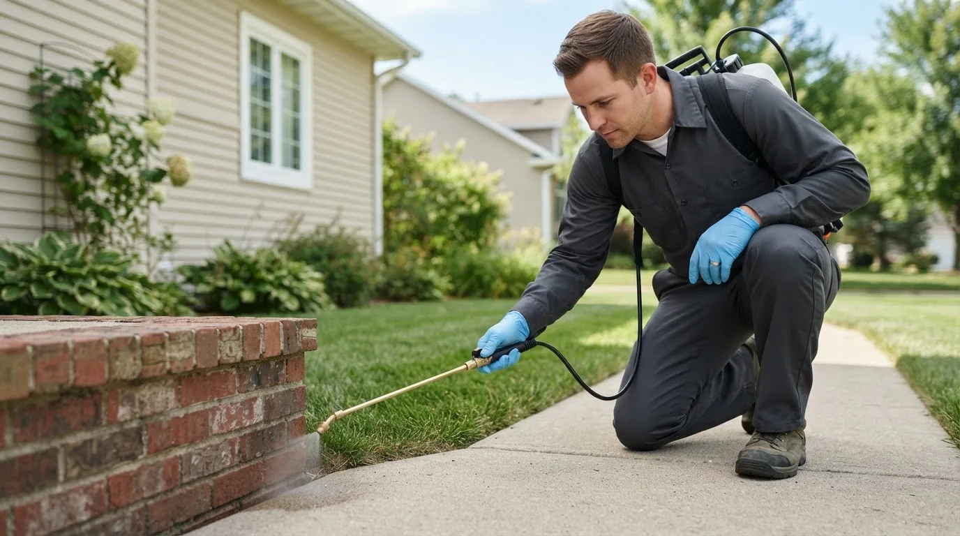 Pest control technician treating a home near Sauk City, WI