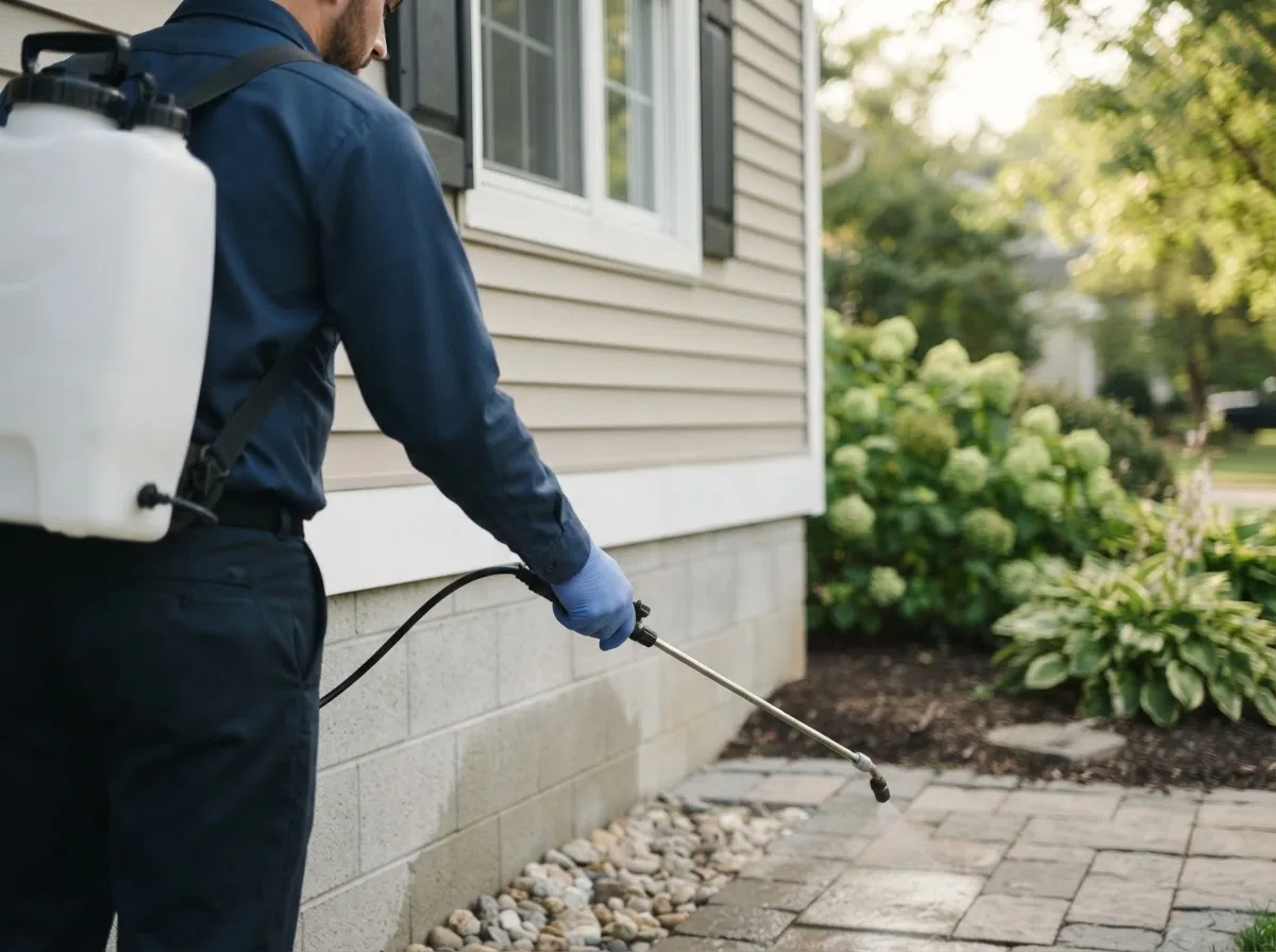 Pest control technician inspecting a home in Sauk City, WI